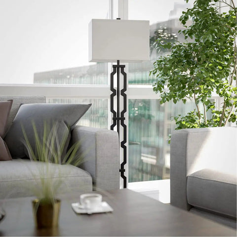 Tall Black Floor Lamp With White Rectangular Shade, 59.5 Inch Height, in modern living room, by window, next to gray couch