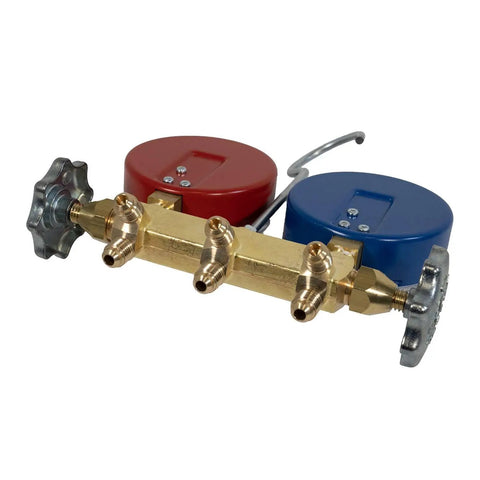Professional Two Valve Refrigerant Manifold Gauge Set featuring polished polycarbonate faces and brass body, ideal for HVAC service.