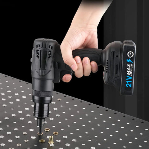 Heavy Duty Cordless Blind Rivet Nut Tool With 21V Brushless Motor and No Sweat Automatic Ramm Gun held over a work surface.