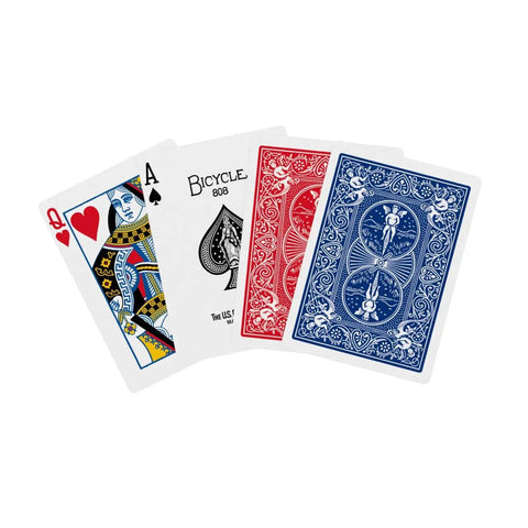 Standard Two Pack Playing Cards In Red And Blue Optimized For Tight Fan And Buttery Smooth Shuffle Heavy Duty Stock Built Like A Tank For Relaxed Handling During Cash Games And Tabletop Hangouts - featuring Queen of Hearts, Ace of Spades, red and blue back designs.