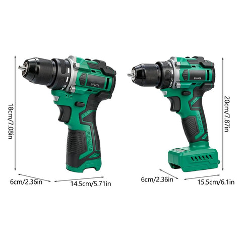 Boss Grade Brushless Cordless Drill Driver With Quick Swap Metal Keyless Chuck, showcasing dimensions and ergonomic design for home fixes.