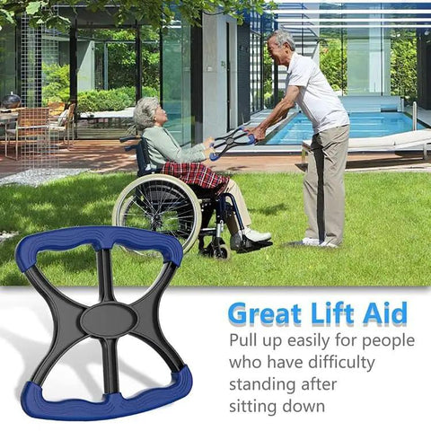Heavy Duty Standing Aid With Rock Solid Non Slip Handles Portable Lift Assist Bar For Seniors And Bariatric Transfer Go Anywhere Indoors Or Outdoors No Sweat Daily Pull Up Handle Blue in use outdoors with a man assisting a woman in a wheelchair.