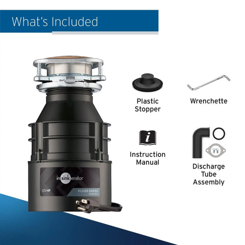 Badger 1/3 HP Garbage Disposal With Power Cord, Continuous Feed Food Waste Disposer With included parts like wrench and stopper.