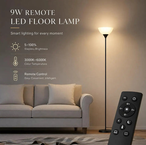 9W Remote Control Torchiere Floor Lamp With Stepless Dimming And Color Temperature in a living room, matte black, sofa backdrop.