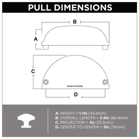 Top Shelf Rustic Bin Cup Pulls With Slick Oil Rubbed Bronze Finish dimensions showing height 1.7in and length 3.4in.