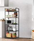 Five Tier Storage Rack For Kitchen And Laundry Room Height Adjustable Microwave Cart Rock Solid Steel Frame with jars and a microwave.