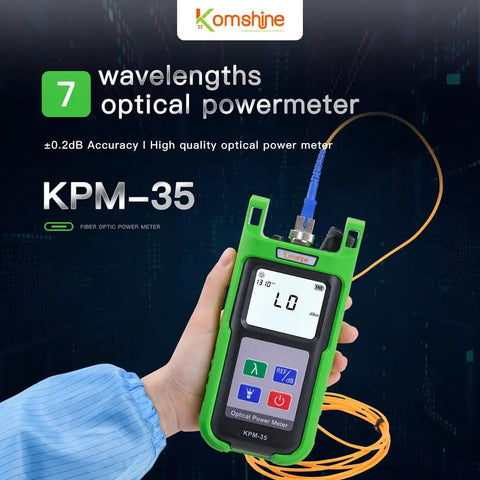 Kickin Ass Optical Fiber Power Meter And Dual Light Source Kit Self Calibrating 7 Wavelength Tester holding green optical power meter with display.