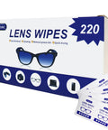 Box of 220 Pre Moistened Lens Wipes For Glasses And Screens with individual packets, suitable for electronics and lenses.