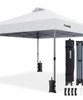 10x10 Pop Up Canopy With Center Lock One Push Instant Setup And No Fuss Wheeled Outdoor Gazebo Beach Tent Sto N Go Bag Eight Stakes And Four Sand Bags Three Height Adjustable Shade Shelter White shown with accessories