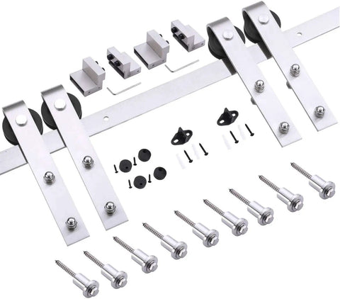 Built Tough Double Barn Door Set Featuring Dead Easy 13 Foot Stainless Steel Rail Hardware with smooth glide rollers and screws.