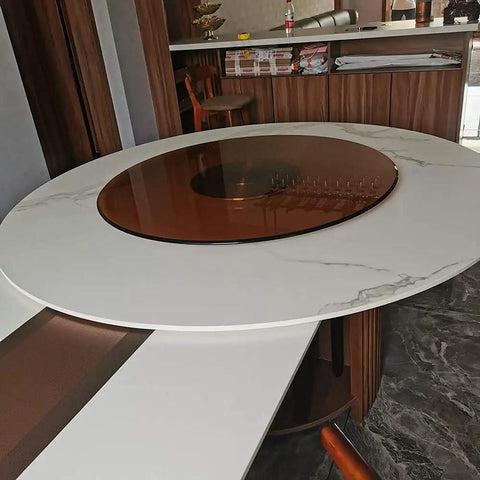 Big Time Tempered Glass Lazy Susan Solid Round Swivel Turntable Top Shelf with marble design on a dining table.