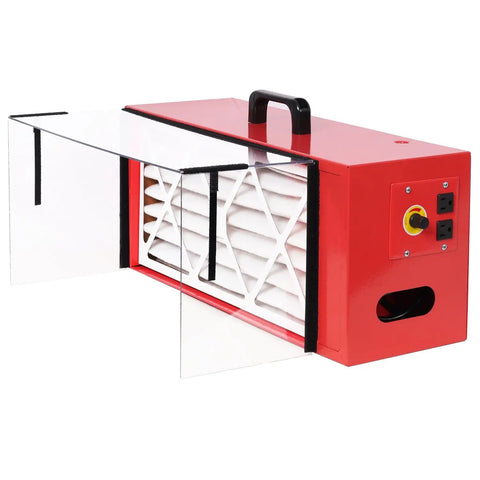 Portable Red Steel Tabletop Dust Collector Packing Killer 725CFM Airflow with filters for woodworking, showing clear panels.