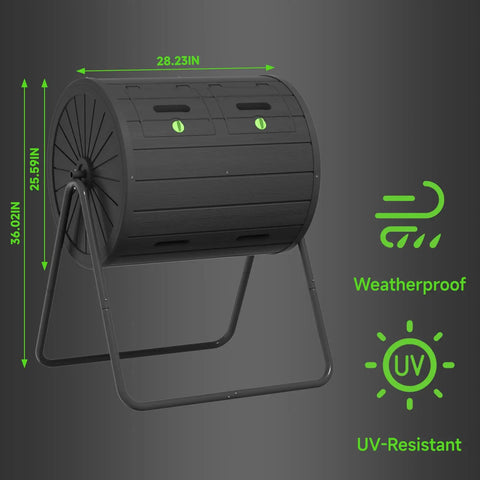 Leakproof 37.5 Gallon Compost Tumbler with Odorless Aeration, Resin Bin for Outdoor Use in Backyard and Organic Gardens with dimensions