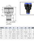 Pneumatic Fittings Quick Connect Push In Hose Adapters Pack 50Pcs Must Have All In One Kit Includes 4mm To 16mm Plastic PY12 Color Assorted Sizes For Air And Water Tube Connectors. PY12 T fitting with size chart and black plastic push-in connector for air and water tubes
