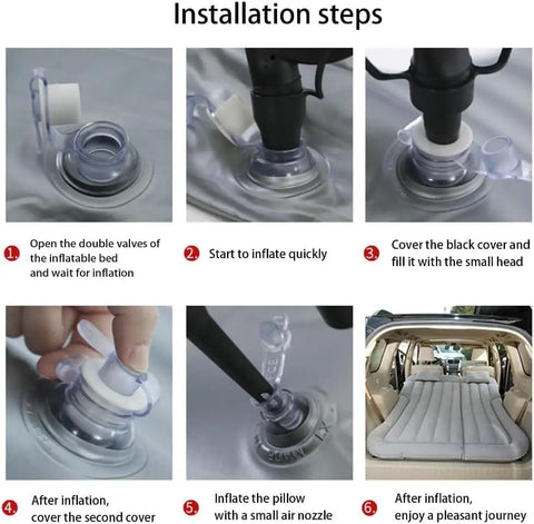 Installation steps for Custom Fit Car Air Mattress For Dodge Durango 2011 Through 2025 showing inflation process and setup.