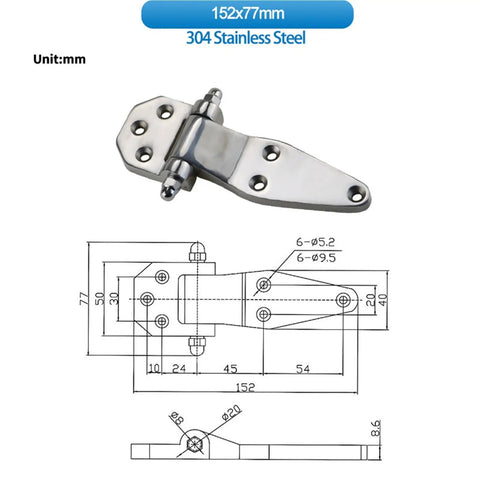 Rock Solid Heavy Duty Load Bearing Hinge 152 X 77 mm Premium Steel Cabinet Gate Door Mount Bracket side view with measurements