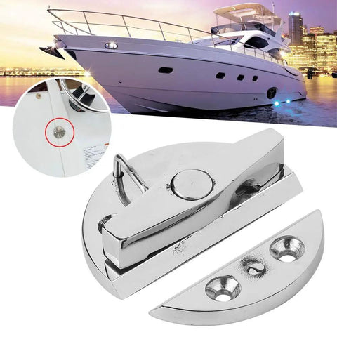 High Caliber 316 Stainless Steel Round Turn Button Latch With Built In Positive Stop For Marine Boat Hatches Access Doors Bait Wells Tackle Boxes And Rugged Electrical Panels That Lock Down Secure Every Single Time, shown mounted on a boat with a polished finish.