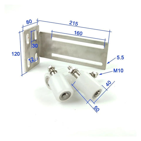 Rock Solid Heavy Duty Sliding Gate Upper Guide Rollers With Reinforced Mounting Bracket Featuring Smooth Nylon Door Wheels That Glide Like Butter On Outdoor Tracks, stainless steel bracket with nylon wheels.