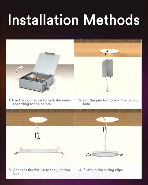 Installation steps for 6 Inch Canless LED Recessed Lights 13W 1000LM Smart Color Changing Downlights with J Box in ceiling.