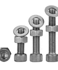 10 Piece Ta2 Titanium Knurled Socket Head Cap Screw Nut And Flat Washer Combination Kit M4x8mm, showing assorted screw sizes and nuts.