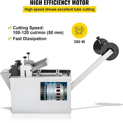 Heavy Duty Heat Shrink Tube Cutter Machine Dead Nuts Precise Cold Cutting Action showing 350W motor and cutting mechanism.