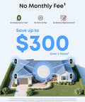 Security Camera Kit With Four Cameras Wireless Indoor Outdoor Surveillance System shown around a house, highlighting no monthly fee.