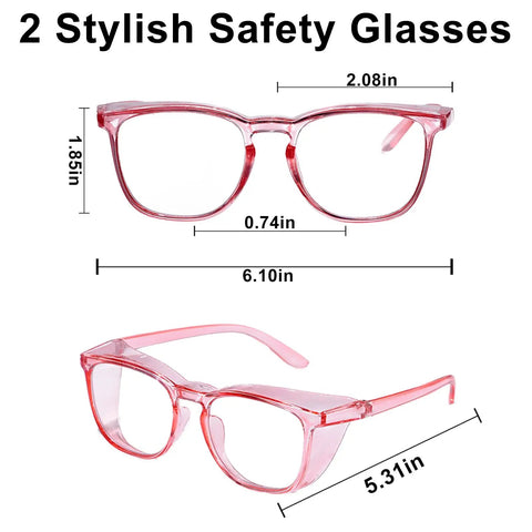 2 Pack Woman Safety Glasses Stand Guard Against Dust And Blue Light With Anti Fog Side Shields Pink Clear Frames dimensions shown