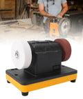 Three Inch Cordless Mini Bench Grinder With Dual Wheels For Heavy Metal Cutting And Quick Sharpening Jobs Battery Operated Design, compact design with wheels.