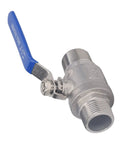Heavy Duty One Inch Npt Male Thread Stainless Steel Ball Valve For Water Oil And Gas Lines Featuring Smooth Quarter Turn Operation and Absolutely Rock Solid Drip Free Sealing Designed For Any Handyman Project Or Professional Job Site angled view with blue handle.