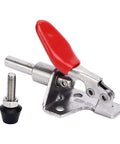 One Hand Quick Release Toggle Clamp in stainless steel with 99.2 lb clamping force, red handle detail for woodworking and fixture assembly.