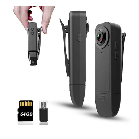Wearable Mini Body Camera With 1080P HD Video And Audio, 64GB Card Included, Pocket Sized DV Camcorder, front and side views with accessories