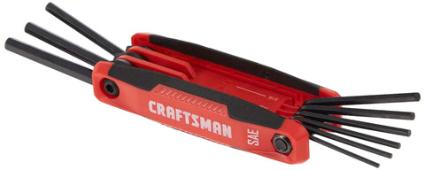 Folding 25 Key Hex Key Set, 3 Pack, Durable Composite Construction with Rubber Grip Inserts, shows SAE sizes and chamfered edges, side view.