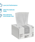 Front view of white Pacific Blue basic tissue box with tissue pulled out; 280-count recycled fiber.