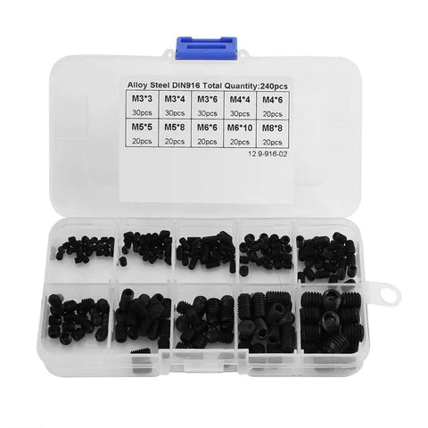 Pro Grade Heavy Duty Socket Screw Kit with 240 Piece Alloy Steel Grub and Wood Screw Set in a Durable Black Box M3 to M8