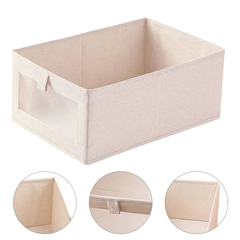 Three Pack Clothes Storage Bins With Clear Window Handles And Multi Purpose Fabric Organizers For Closet, beige fabric organizer with clear window.