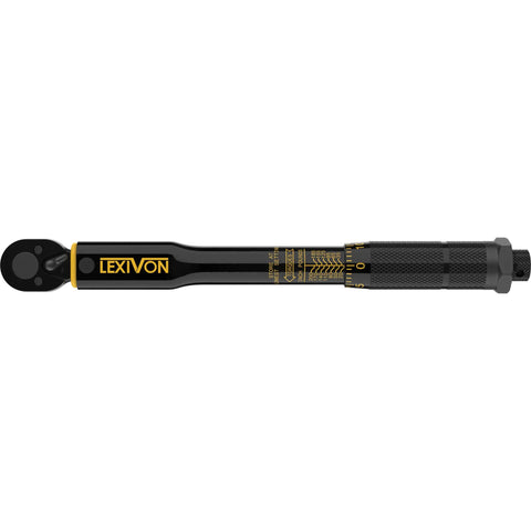 Pro Grade Inch Pound Torque Wrench One Quarter Inch Drive Twenty To Two Hundred InLb And Two Point Twenty Six To Twenty Two Point Six Nm Calibrated Tool With Traceable Serial Number And Certificate Built Tough For Auto And DIY, showing side view with Electro-Black finish and heat-treated Chrome Vanadium steel head.