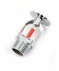 Top Tier Ten Pack Pendent Fire Sprinkler Heads With A 155 Degree Fahrenheit Red Glass Bulb And One Half Inch Npt Pipe Thread, chrome finish.