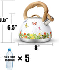 Stovetop Tea Kettle With Wood Pattern Handle, Loud Whistle, 2.7 Quart Food Grade Stainless Steel Pot For Induction And Gas Stoves, Butterfly Design, Rust Resistant, Easy Pour Tea Maker with size dimensions.