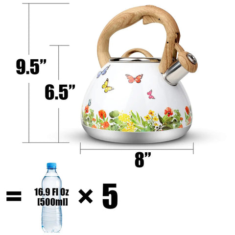 Stovetop Tea Kettle With Wood Pattern Handle, Loud Whistle, 2.7 Quart Food Grade Stainless Steel Pot For Induction And Gas Stoves, Butterfly Design, Rust Resistant, Easy Pour Tea Maker with size dimensions.