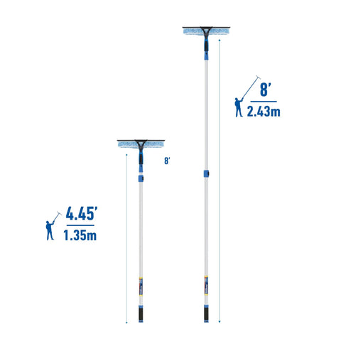 2 In 1 Squeegee And Scrubber Window Cleaning Tool With 14 Inch Blade And 8 Foot Connect And Clean Pole For Streak Free Glass Cleaning At Home Or Pro Jobs Microfiber Sleeve, 8 ft pole