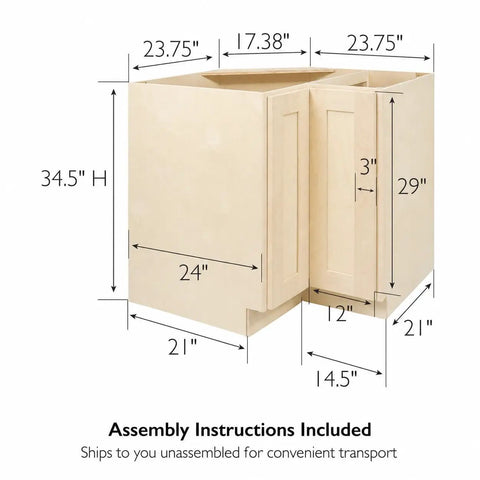 Unfinished Birch Kitchen Lazy Susan Corner Cabinet 36 Inch Featuring Twin Spin Shelves And Reversible Door with measurements.