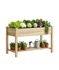Raised Wood Planter Box On Legs With Storage Shelf For Vegetables Flowers And Herbs Outdoor Garden Bed For Backyard Patio Or Balcony Easy Setup No Fuss Assembly Natural Finish 48x24x30.7 Inches, showing vegetables and pots on shelf.
