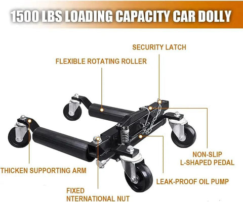 Heavy Duty Hydraulic Car Wheel Dolly Set Of 4 With 1500 Lbs Per Roller Ratcheting Foot Pedal showing flexible rotating rollers and supporting arm.
