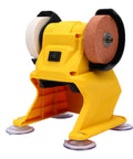 Fuss Free Cordless Mini Bench Grinder With Dual Grinding Discs And Hella Powerful 5500 Rpm Pure Copper Motor Optimized For Swift Metal Polishing And Outdoor Fix Ups, yellow body with grinding wheels.