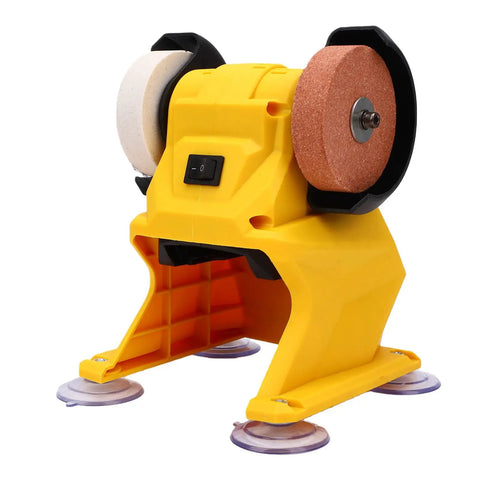 Fuss Free Cordless Mini Bench Grinder With Dual Grinding Discs And Hella Powerful 5500 Rpm Pure Copper Motor Optimized For Swift Metal Polishing And Outdoor Fix Ups, yellow body with grinding wheels.