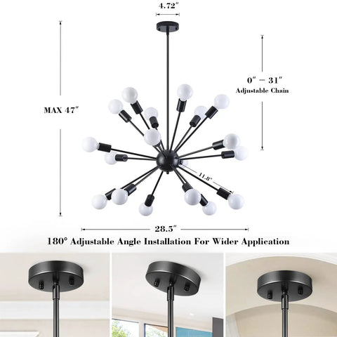 Black Modern Sputnik Chandelier With 18 Lights, 360 Degree Adjustable Angles, Vintage Industrial Ceiling Fixture dimensions view