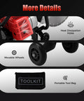 High Output 52Cc Gas Cut Off Saw Cracks Asphalt Like A Warm Knife Through Butter Utilizing 1400 Watt Motor And 1800 Rpm Speed Plus Wet Disk Design with tool kit and movable wheels.