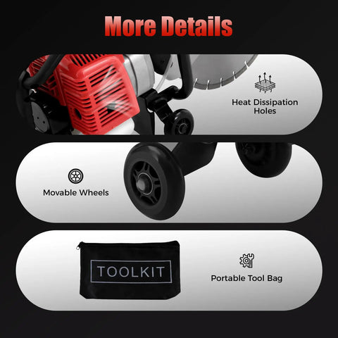 High Output 52Cc Gas Cut Off Saw Cracks Asphalt Like A Warm Knife Through Butter Utilizing 1400 Watt Motor And 1800 Rpm Speed Plus Wet Disk Design with tool kit and movable wheels.