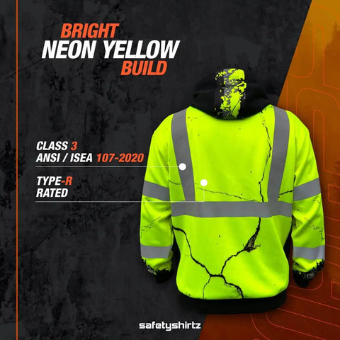 Back view of American Grit Hi Vis Hoodie for Men Built Tough, Class 3 Type R Safety Sweatshirt in neon yellow, Size Small.