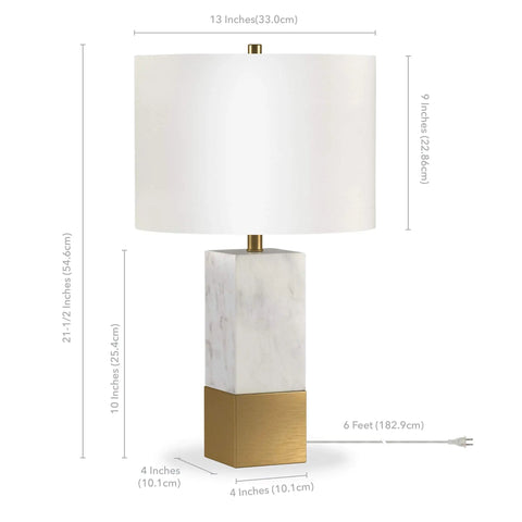 Glam Marble and Brass Table Lamp With White Drum Shade 21.5 Inch Tall Desk Lamp For Home Or Office Handcrafted Marble Base Modern Accent Lighting For Living Room Decor Lit Ambience showcasing dimensions